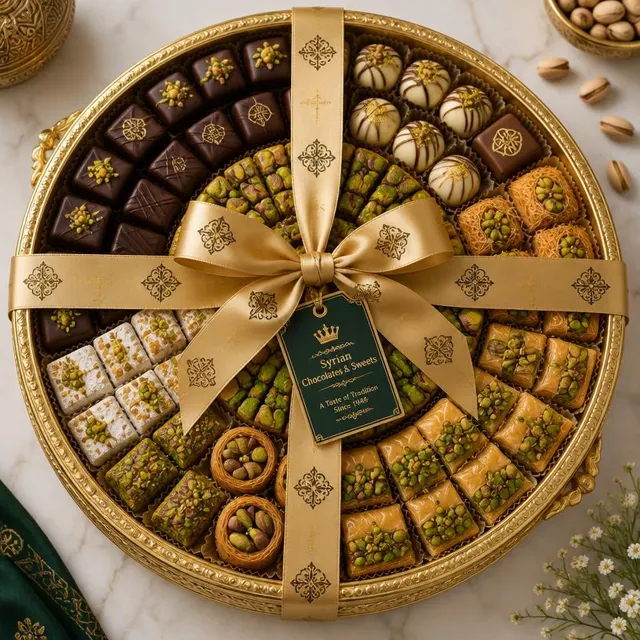 Royal gold gift tray of Syrian chocolates and pistachio sweets